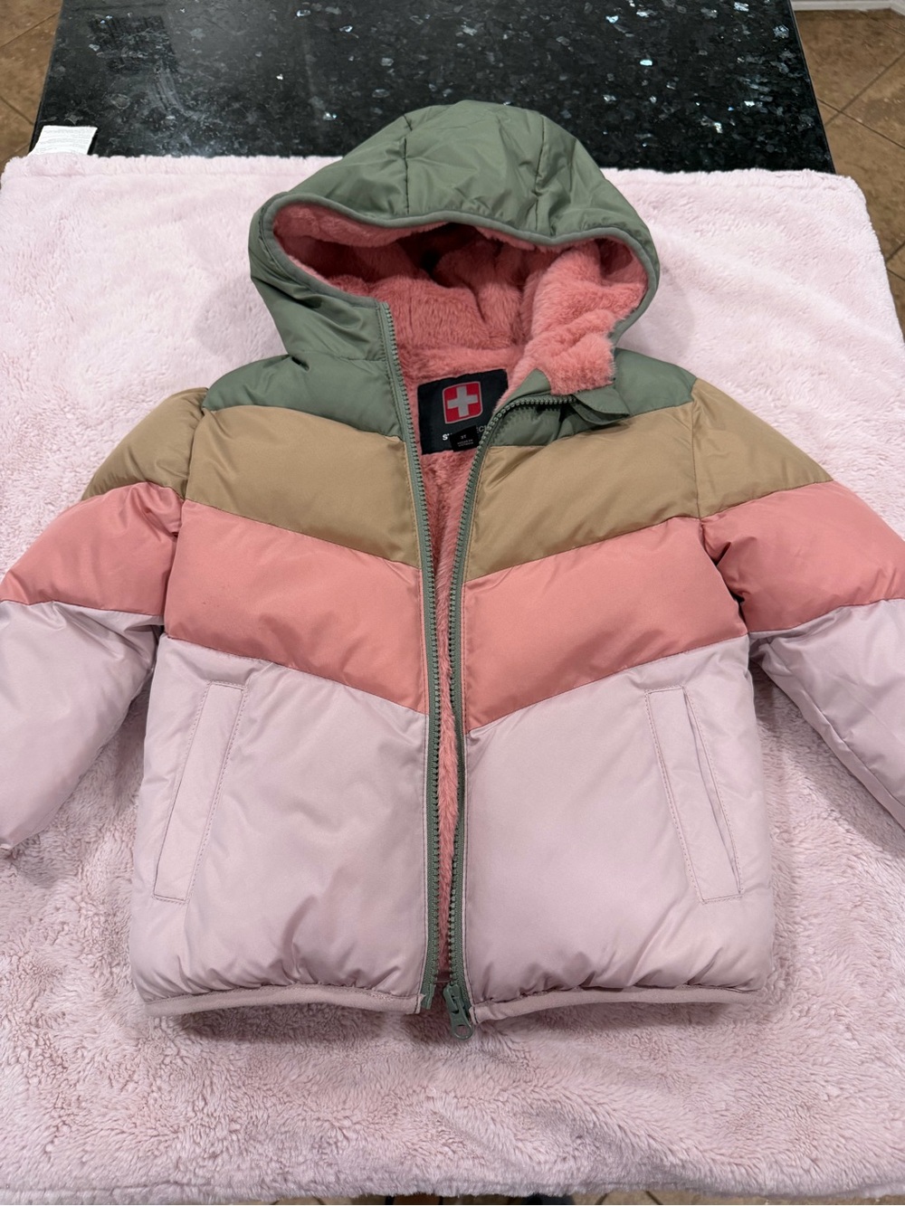 Swiss Tech Girls' Colorblock Puffer Jacket - Sage, Tan, Dusty Rose & Light Pink